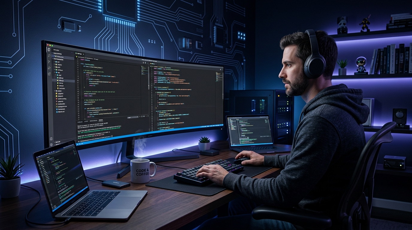 Software Engineer writing code on laptop in modern dark slate workspace vector illustration